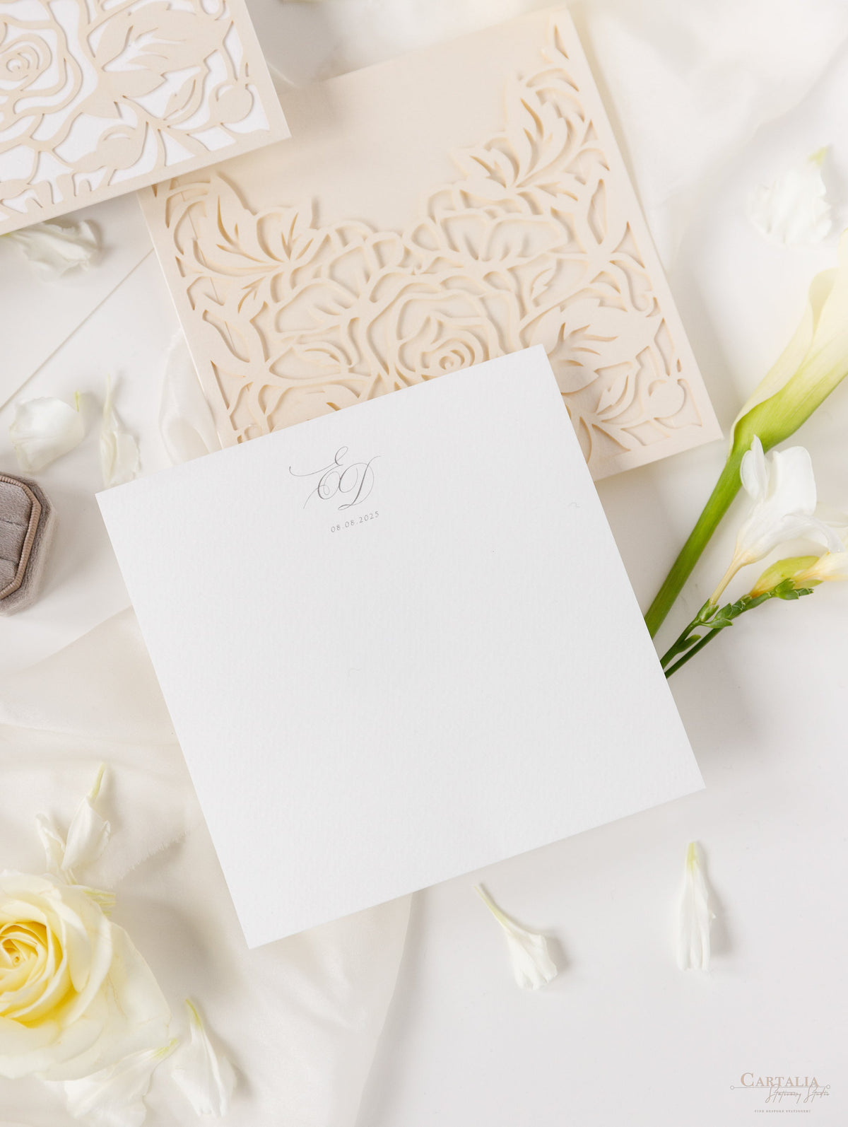 Classic Elegance Laser cut Pull out folder Invitation in Cream and Champagne Metallic Colours