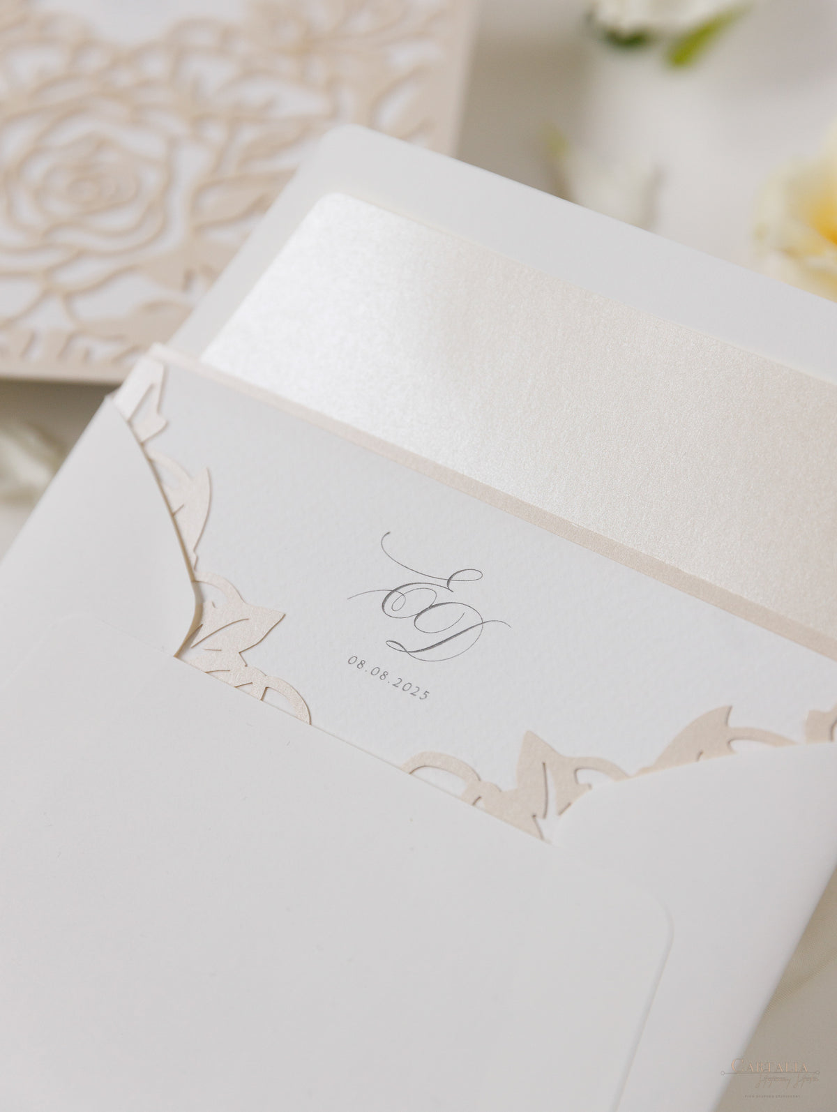 Classic Elegance Laser cut Pull out folder Invitation in Cream and Champagne Metallic Colours