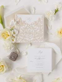 Classic Elegance Laser cut Pull out folder Invitation in Cream and Champagne Metallic Colours