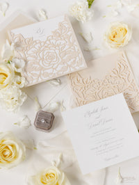 Classic Elegance Laser cut Pull out folder Invitation in Cream and Champagne Metallic Colours