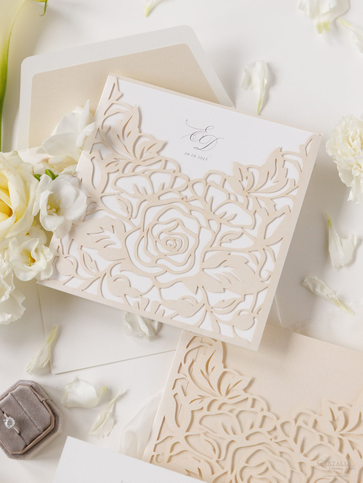 Classic Elegance Laser cut Pull out folder Invitation in Cream and Champagne Metallic Colours