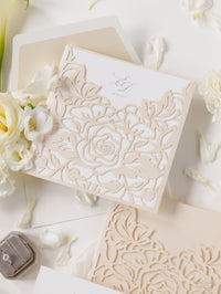 Classic Elegance Laser cut Pull out folder Invitation in Cream and Champagne Metallic Colours