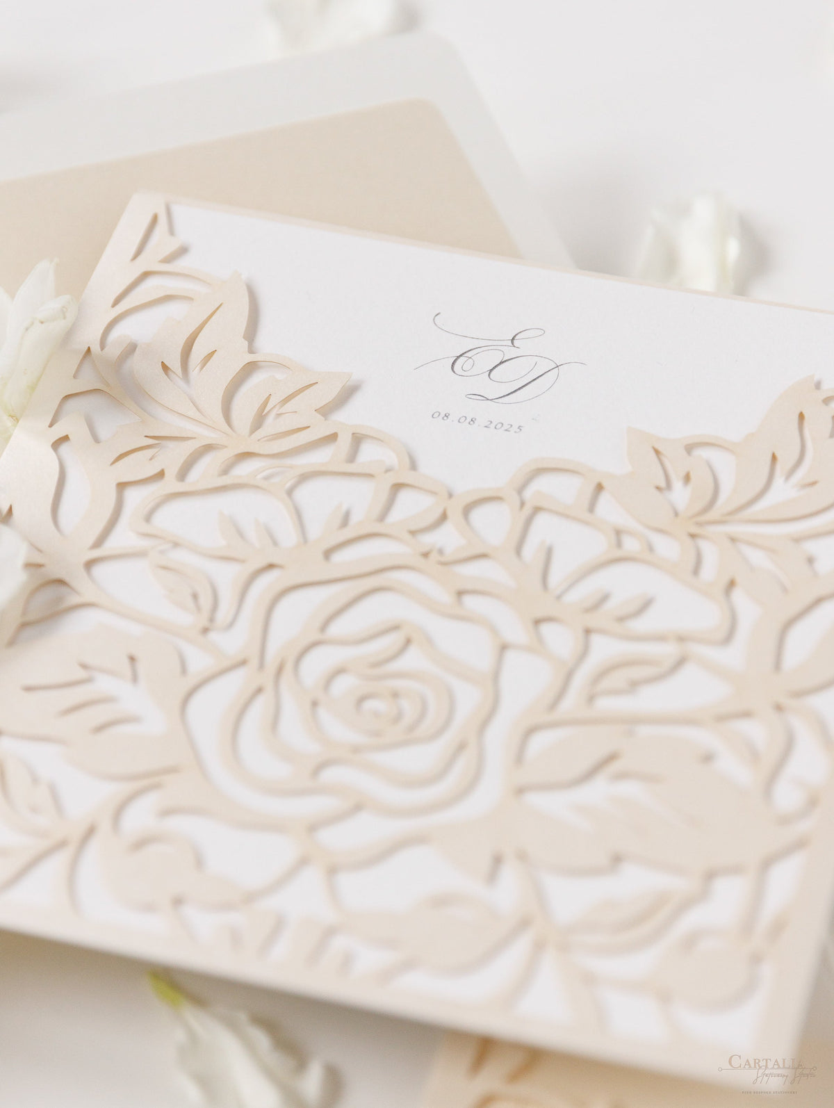 Classic Elegance Laser cut Pull out folder Invitation in Cream and Champagne Metallic Colours