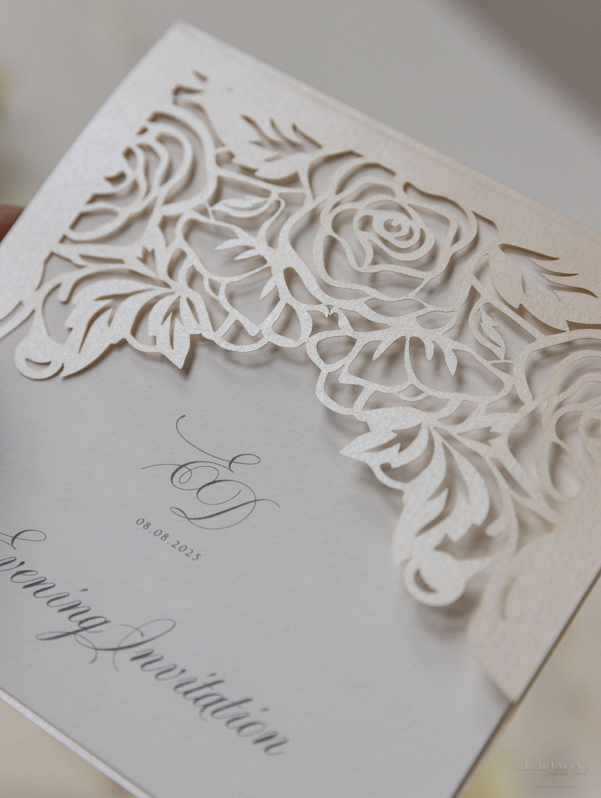 Classic Elegance Laser cut Evening Invitation in Cream and Champagne Metallic Colours