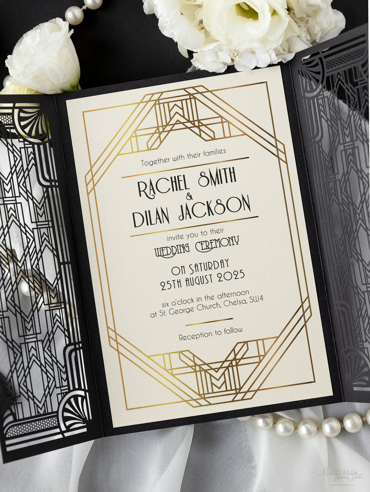 Art Deco Black Intricate Lasercut Gate, Great Gatsby Wedding Invitation with Belly Band Monogram