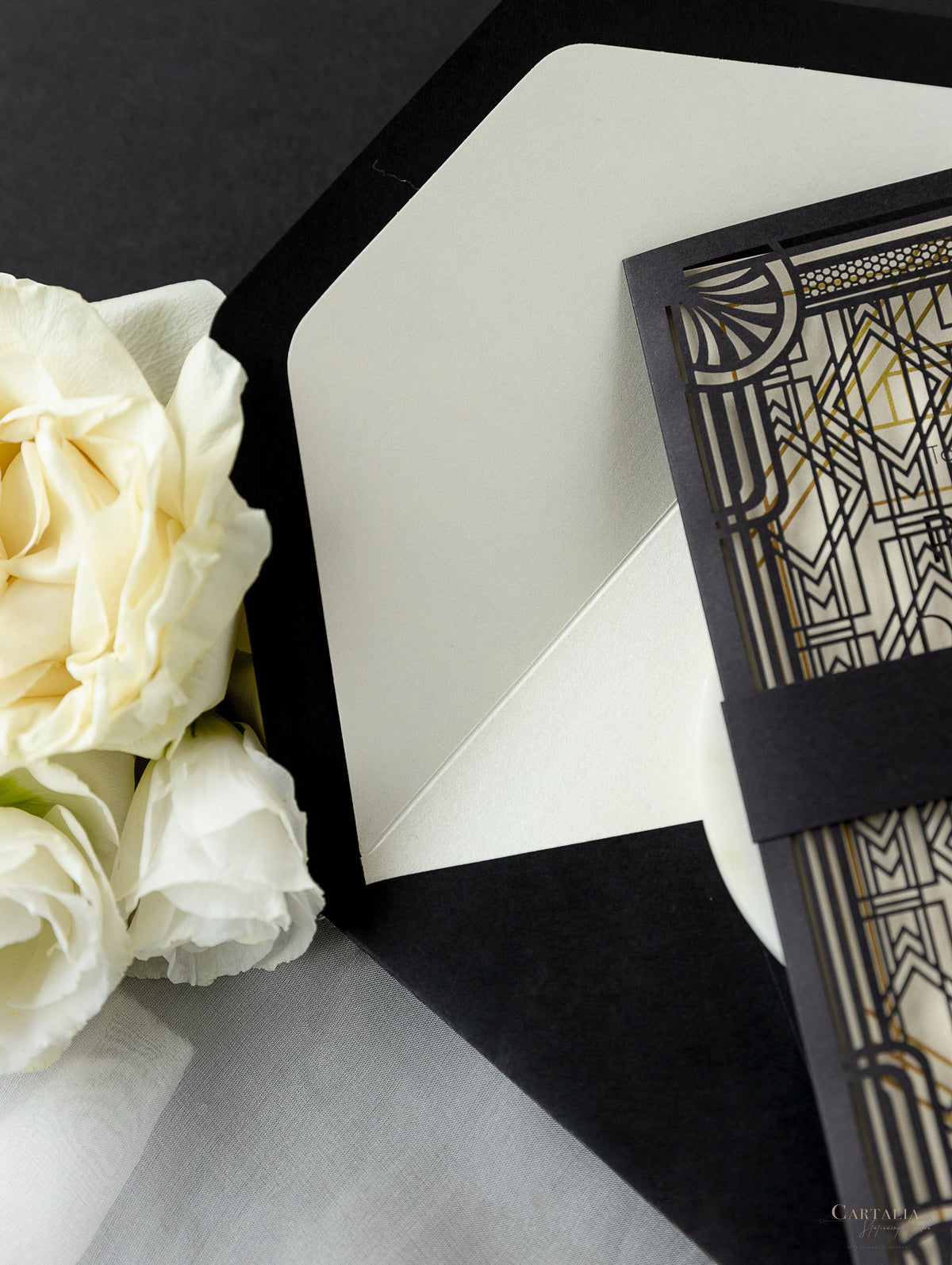 Art Deco Black Intricate Lasercut Gate, Great Gatsby Wedding Invitation with Belly Band Monogram