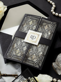 Art Deco Black Intricate Lasercut Gate, Great Gatsby Wedding Invitation with Belly Band Monogram