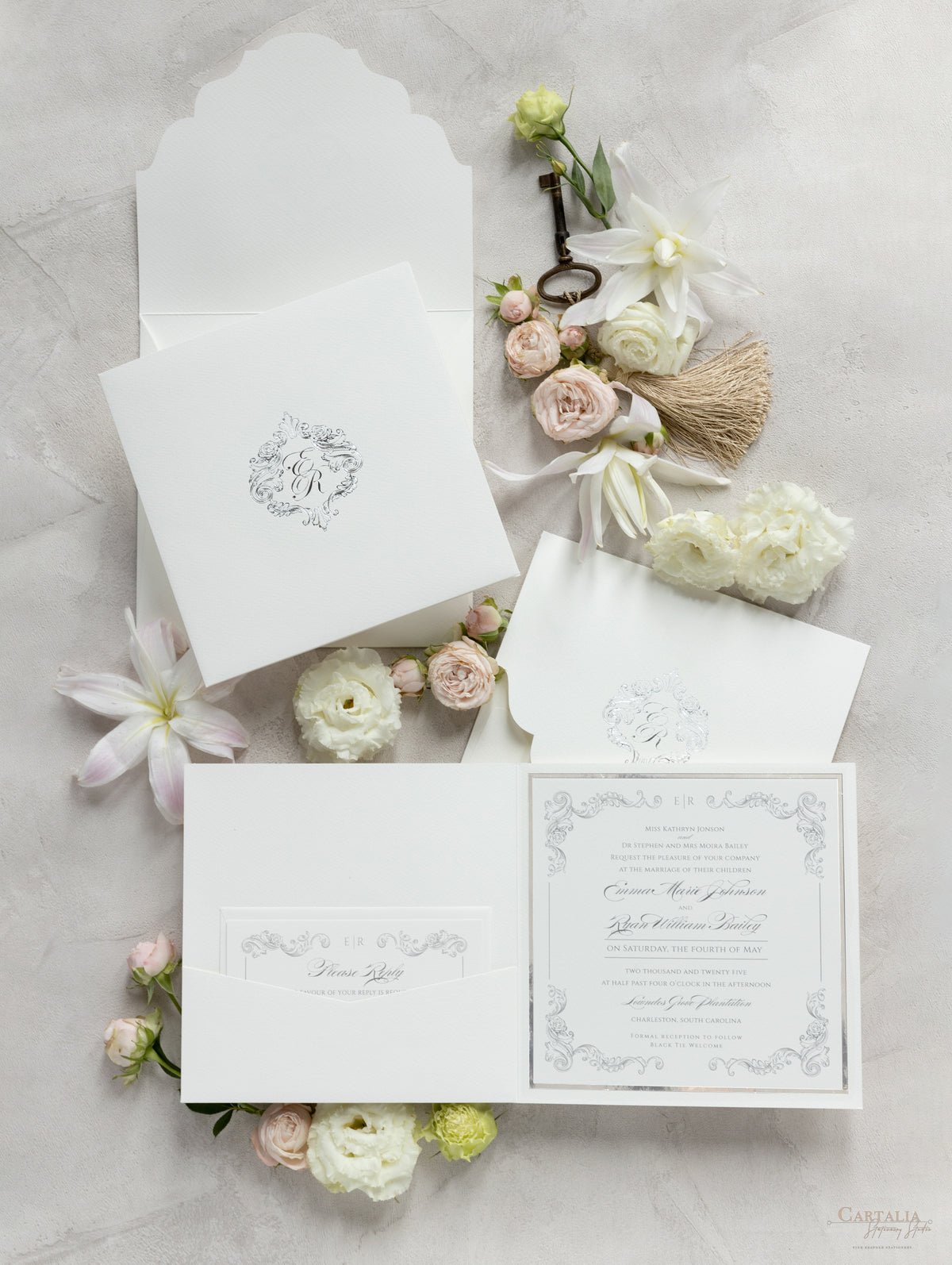 Regal Foil Square Folder with Deckled Edge Envelope Ivory Pocket with Foil Monogram Wedding Suite