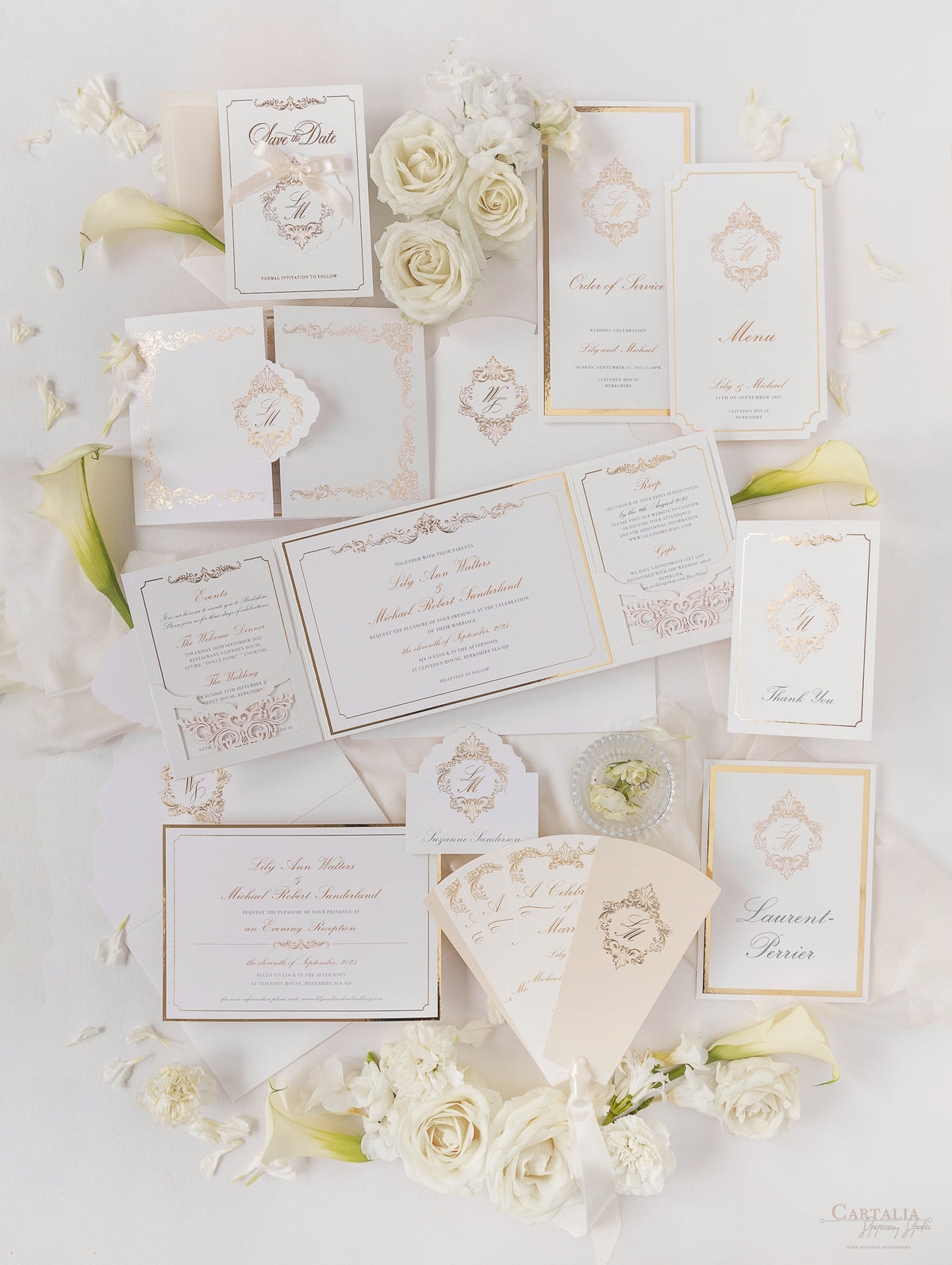 Luxury Gold Foil pocket fold suite Matching Evening Invitation with Gold Foil Monogram + Die Cut Custom Envelope