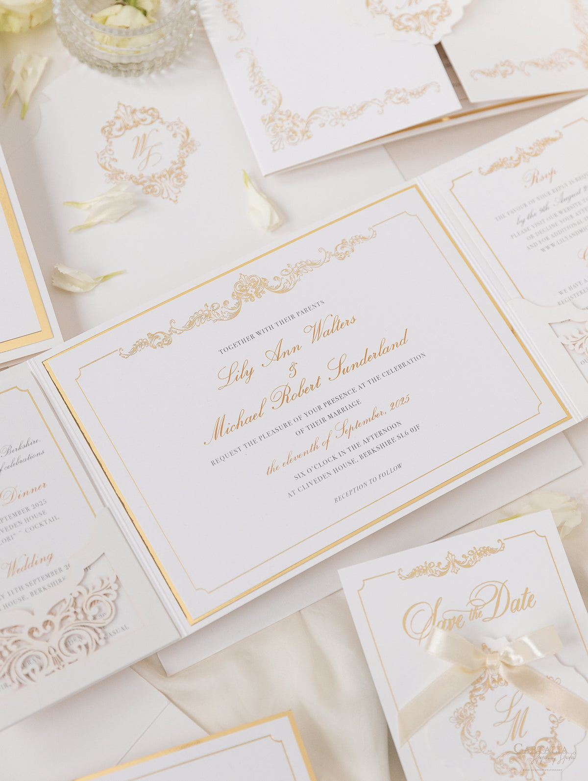 Luxury Gold Foil Invitation pocket fold suite for Wedding Day, RSVP, Info Card with Laser Cut pocket, Calligraphy Script