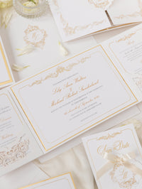 Luxury Gold Foil Invitation pocket fold suite for Wedding Day, RSVP, Info Card with Laser Cut pocket, Calligraphy Script