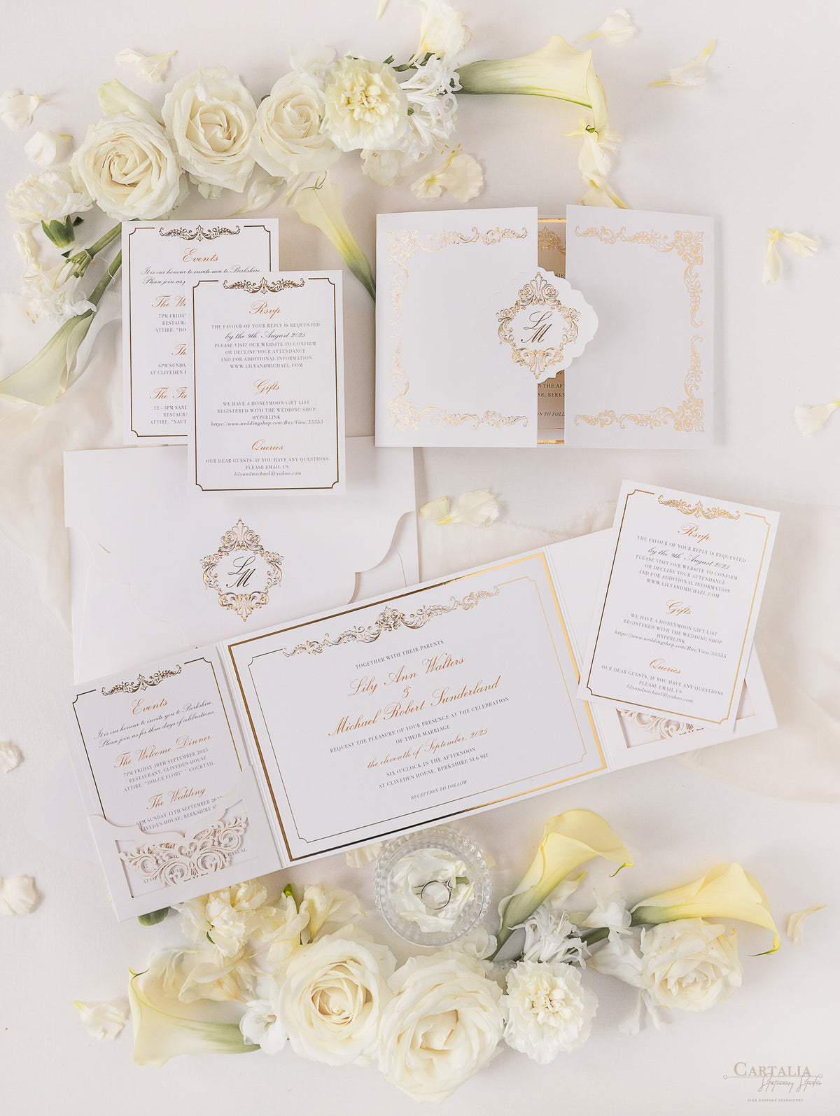 Luxury Gold Foil Invitation pocket fold suite for Wedding Day, RSVP, Info Card with Laser Cut pocket, Calligraphy Script
