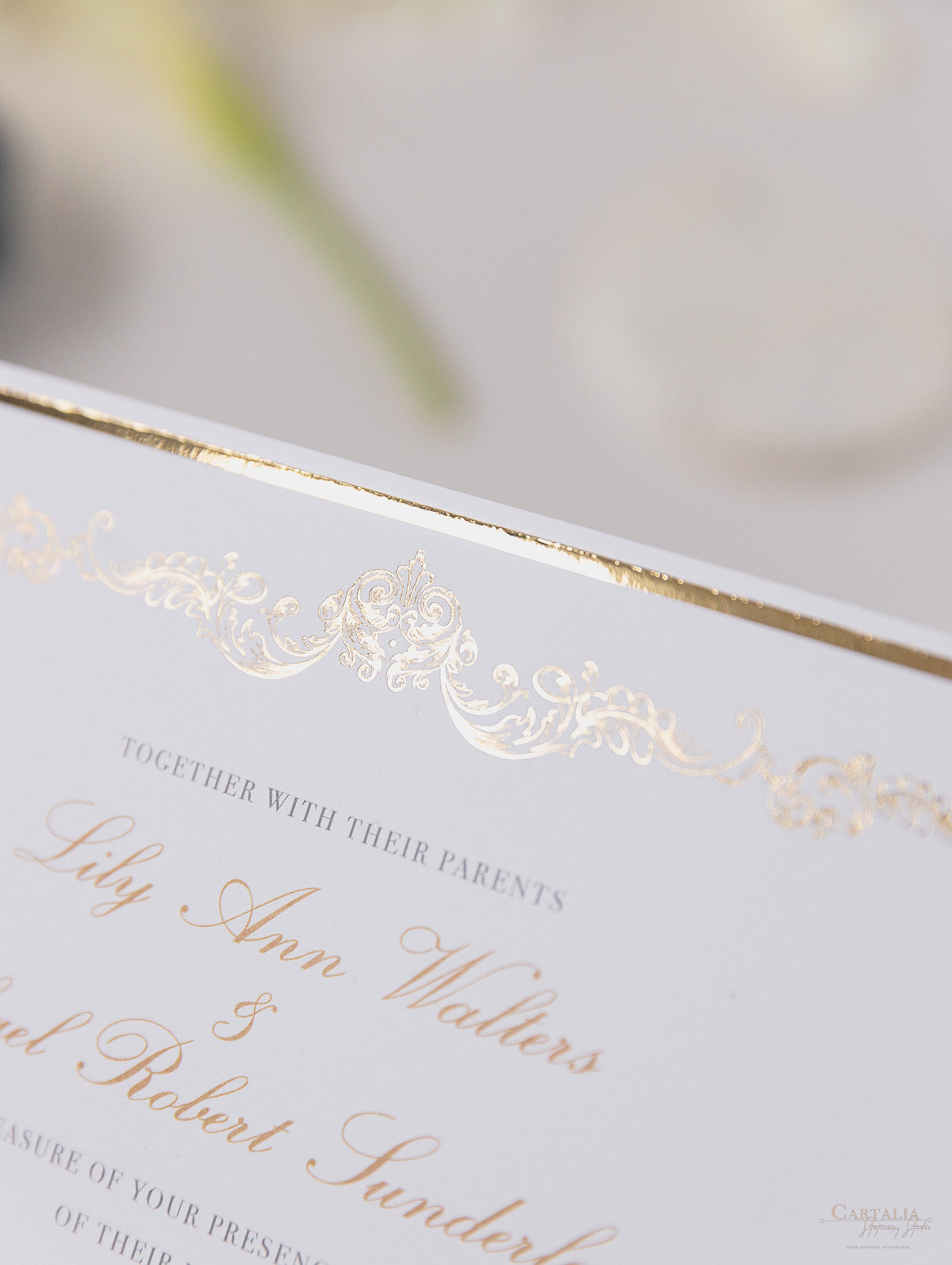 Luxury Gold Foil Invitation pocket fold suite for Wedding Day, RSVP, Info Card with Laser Cut pocket, Calligraphy Script