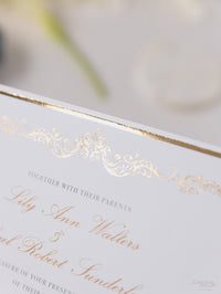 Luxury Gold Foil Invitation pocket fold suite for Wedding Day, RSVP, Info Card with Laser Cut pocket, Calligraphy Script