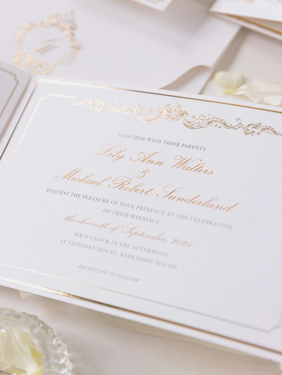 Luxury Gold Foil Invitation pocket fold suite for Wedding Day, RSVP, Info Card with Laser Cut pocket, Calligraphy Script