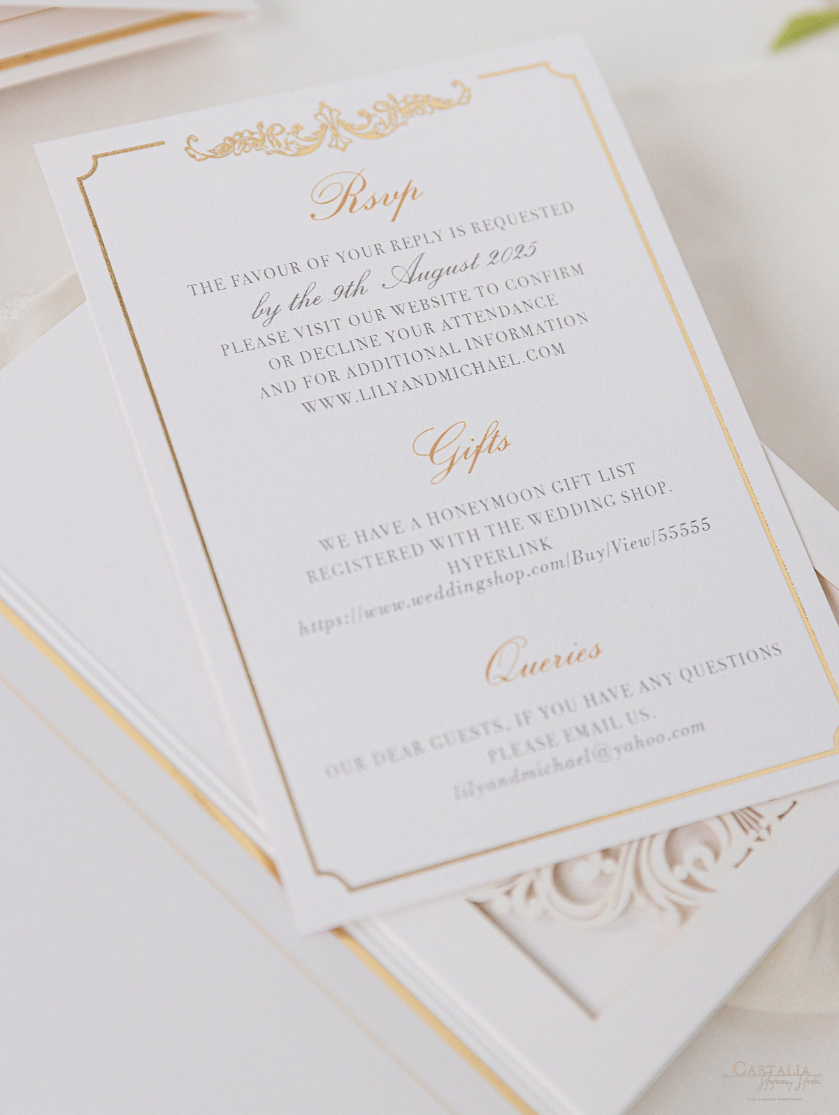 Luxury Gold Foil Invitation pocket fold suite for Wedding Day, Rsvp, Info Card with Laser Cut pocket, Calligraphy Script