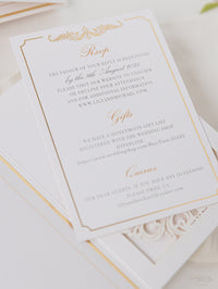 Luxury Gold Foil Invitation pocket fold suite for Wedding Day, RSVP, Info Card with Laser Cut pocket, Calligraphy Script