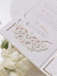 Luxury Gold Foil Invitation pocket fold suite for Wedding Day, RSVP, Info Card with Laser Cut pocket, Calligraphy Script