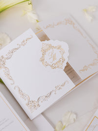 Luxury Gold Foil Invitation pocket fold suite for Wedding Day, RSVP, Info Card with Laser Cut pocket, Calligraphy Script