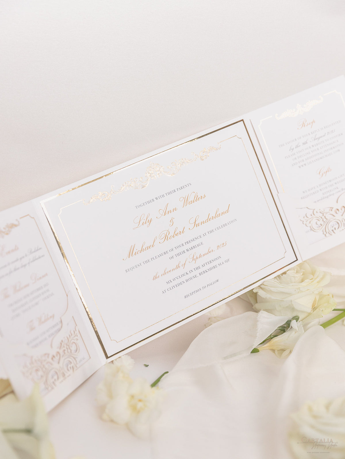 Luxury Gold Foil Invitation pocket fold suite for Wedding Day, RSVP, Info Card with Laser Cut pocket, Calligraphy Script