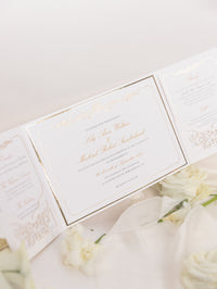 Luxury Gold Foil Invitation pocket fold suite for Wedding Day, RSVP, Info Card with Laser Cut pocket, Calligraphy Script
