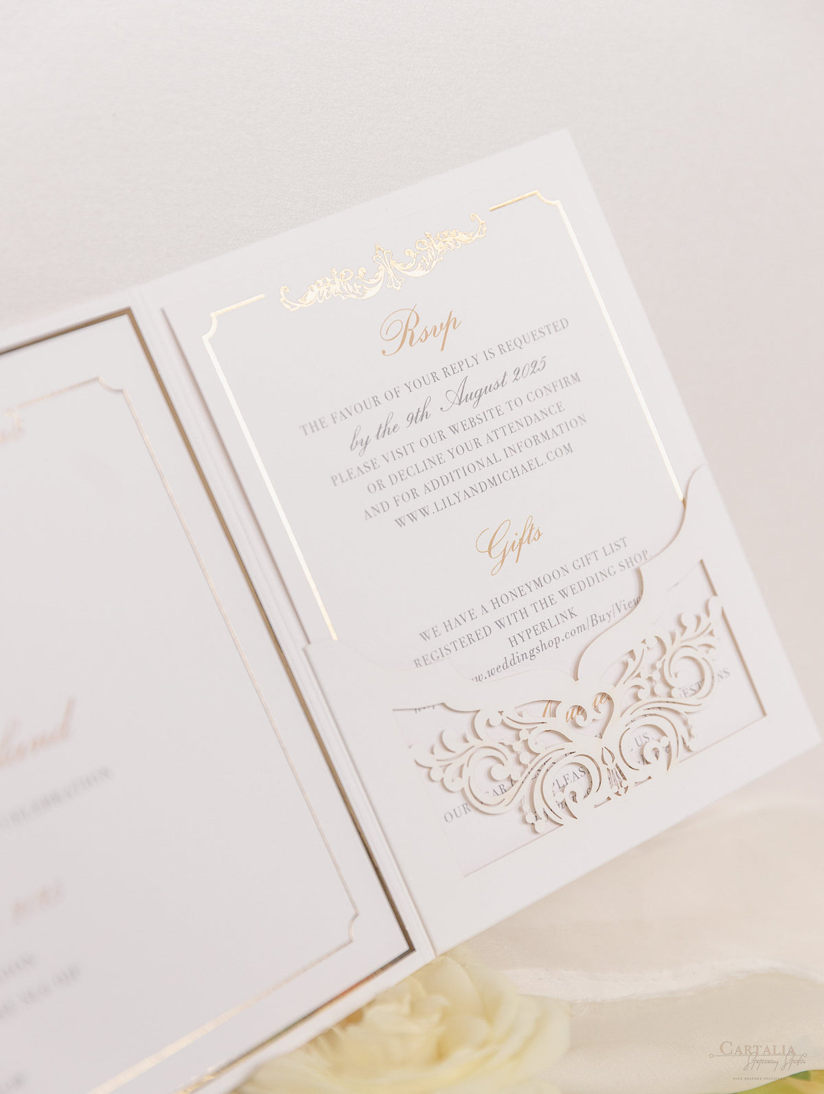 Luxury Gold Foil Invitation pocket fold suite for Wedding Day, RSVP, Info Card with Laser Cut pocket, Calligraphy Script