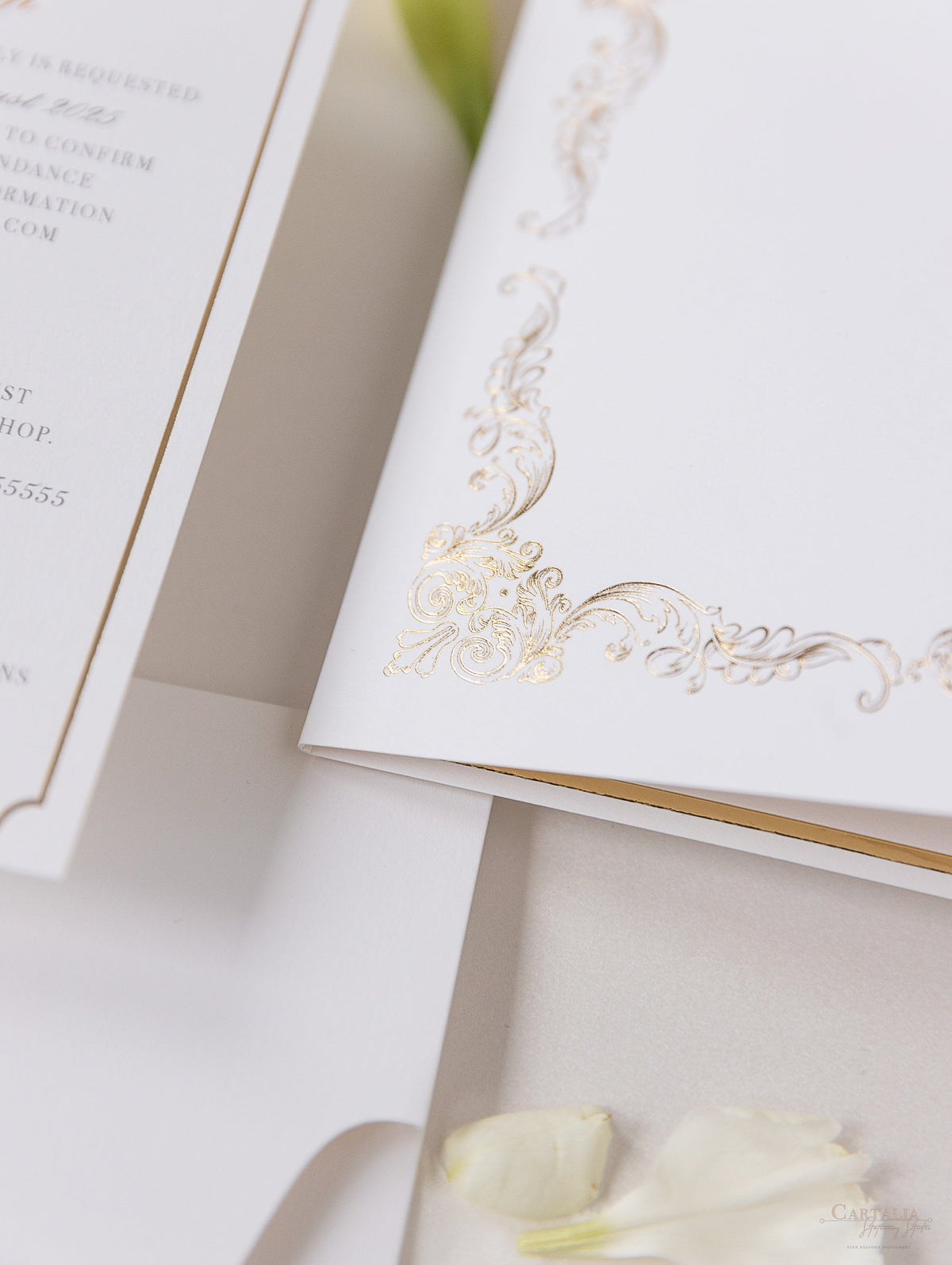 Luxury Gold Foil Invitation pocket fold suite for Wedding Day, RSVP, Info Card with Laser Cut pocket, Calligraphy Script