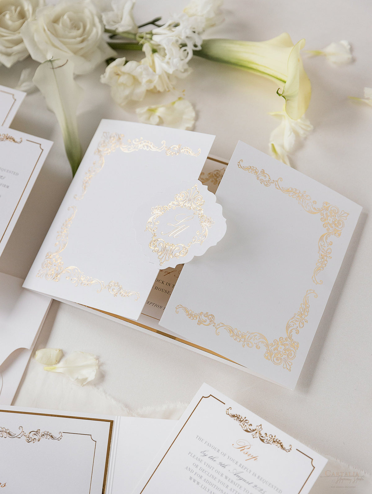 Luxury Gold Foil Invitation pocket fold suite for Wedding Day, RSVP, Info Card with Laser Cut pocket, Calligraphy Script