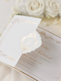Luxury Gold Foil Invitation pocket fold suite for Wedding Day, RSVP, Info Card with Laser Cut pocket, Calligraphy Script