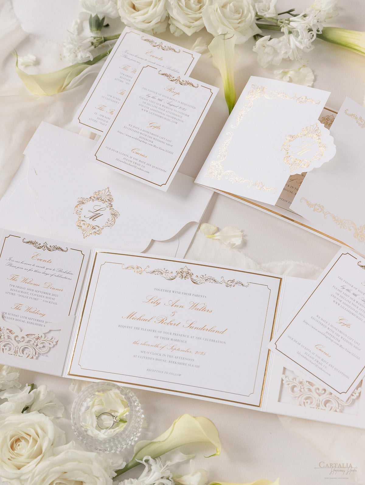 Luxury Gold Foil Invitation pocket fold suite for Wedding Day, RSVP, Info Card with Laser Cut pocket, Calligraphy Script