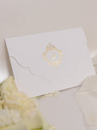 Luxury Gold Foil pocket fold suite Matching Evening Invitation with Gold Foil Monogram + Die Cut Custom Envelope