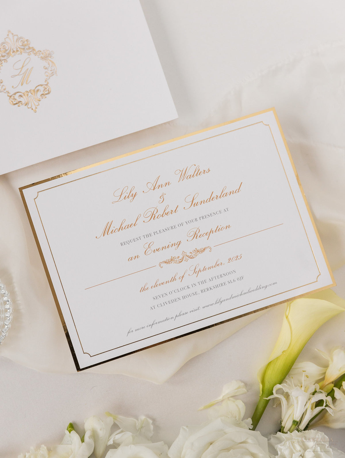 Luxury Gold Foil pocket fold suite Matching Evening Invitation with Gold Foil Monogram + Die Cut Custom Envelope