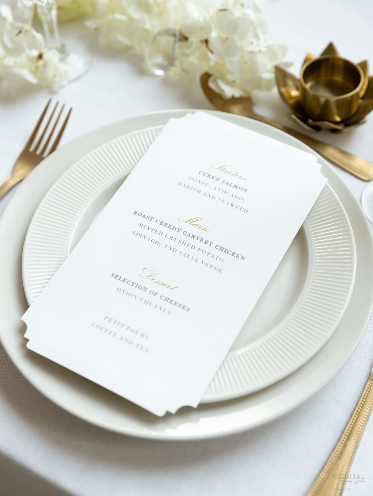 Luxury Plate Menu with Deckled Edge & Gold Foil Monogram