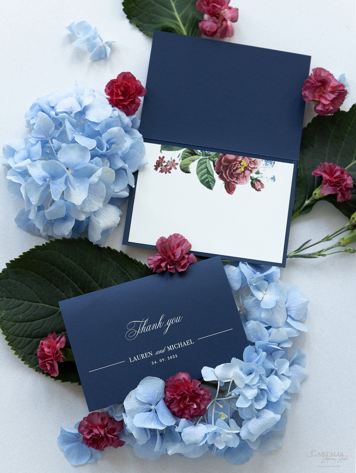 Elegant Flower Burst Thank You card in Navy with Envelope