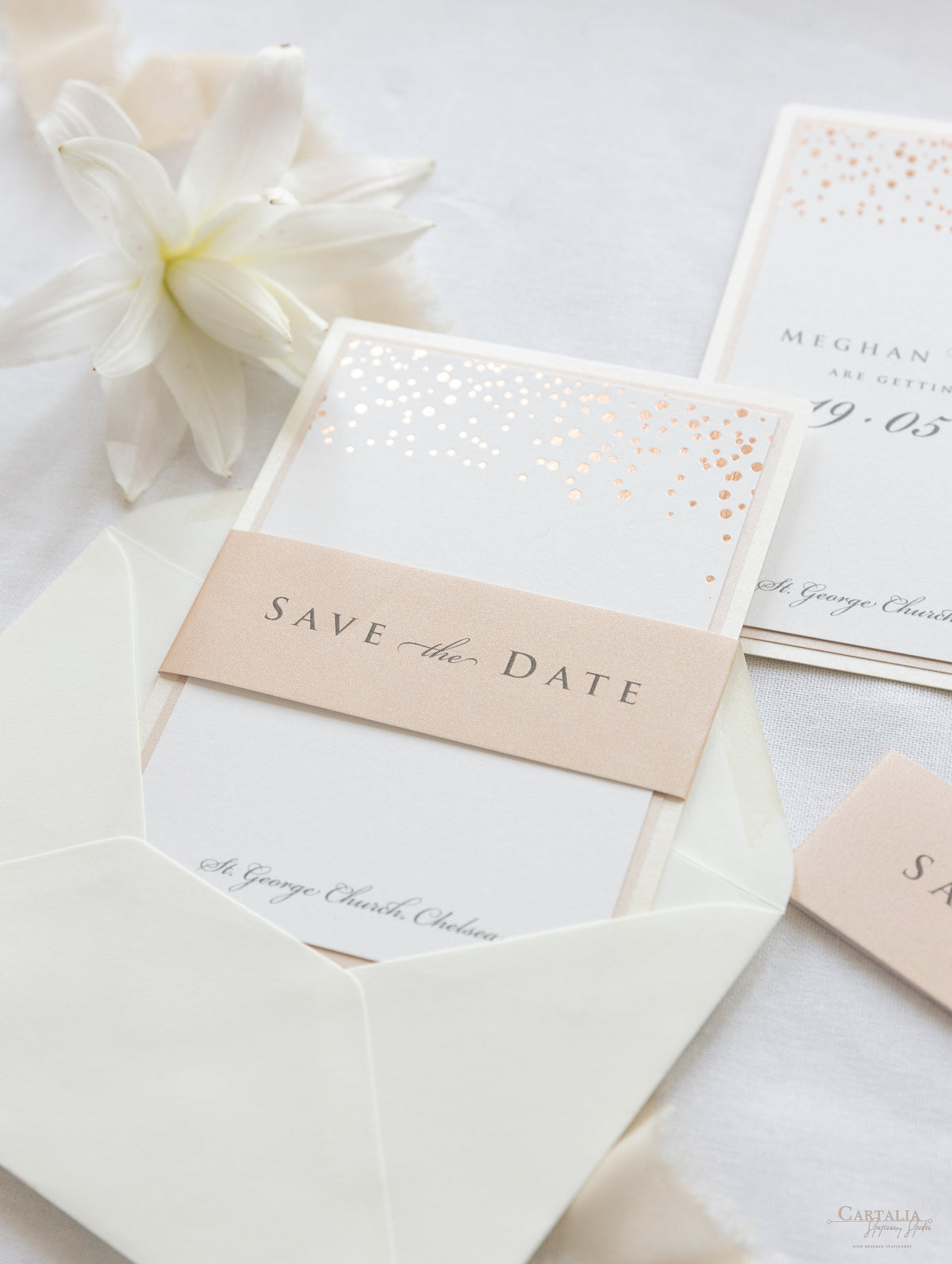 Triple Mounted Thick 670 gsm Blush Save the Date Classic Confetti Rose Gold Foil