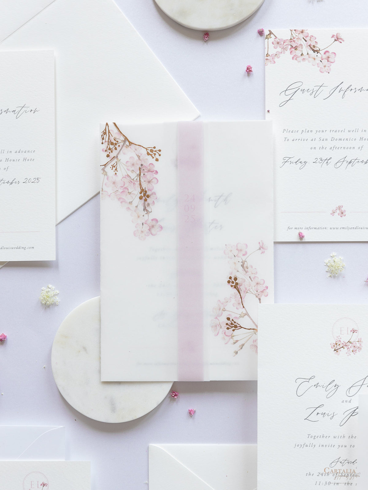 Conjunto moderno de vitela/pergamino en capas con cerezo en flor y lámina de oro rosa