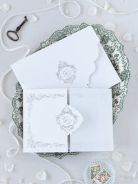Luxury Gold Foil Invitation pocket fold suite for Wedding Day, RSVP, Info Card with Laser Cut pocket, Calligraphy Script