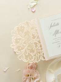 Luxury Blush Opulence Laser Cut Lace Pocketfold Wedding Invitation Suite with 3 Tier:  Guest Info & Travel & RSVP Card