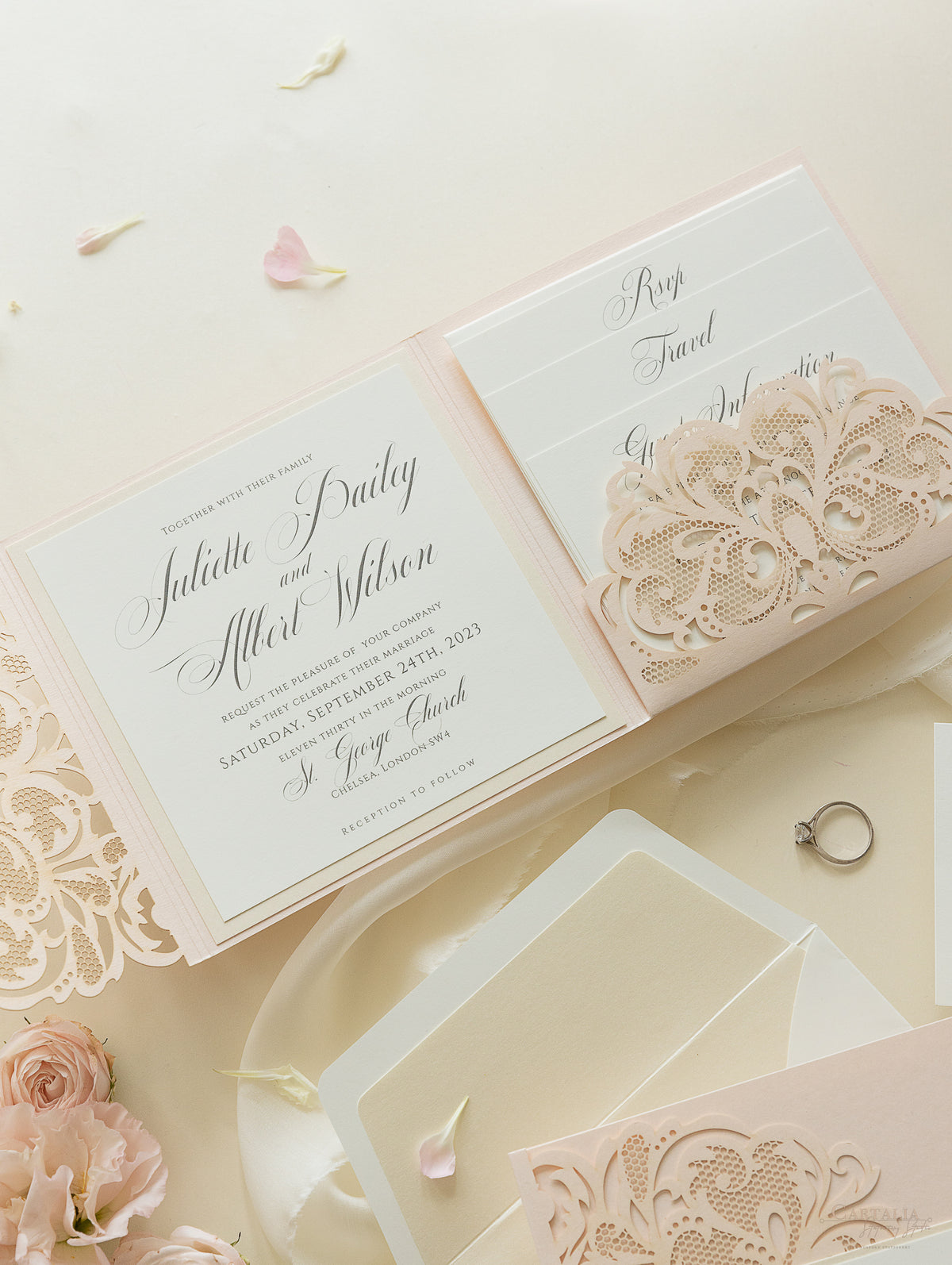Luxury Blush Opulence Laser Cut Lace Pocketfold Wedding Invitation Suite with 3 Tier:  Guest Info & Travel & RSVP Card
