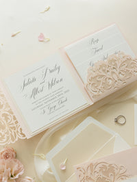 Luxury Blush Opulence Laser Cut Lace Pocketfold Wedding Invitation Suite with 3 Tier:  Guest Info & Travel & RSVP Card