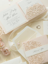 Luxury Blush Opulence Laser Cut Lace Pocketfold Wedding Invitation Suite with 3 Tier:  Guest Info & Travel & RSVP Card