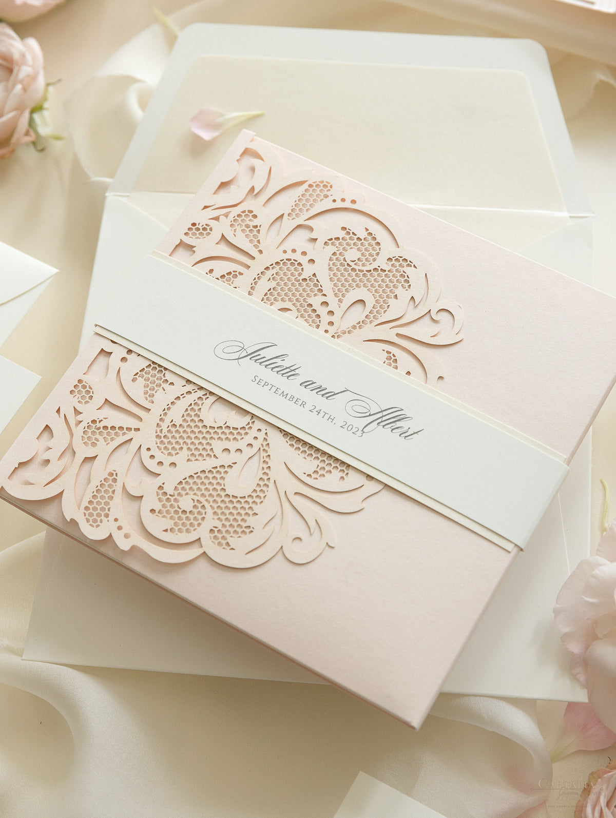 Luxury Blush Opulence Laser Cut Lace Pocketfold Wedding Invitation Suite with 3 Tier:  Guest Info & Travel & RSVP Card