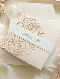 Luxury Blush Opulence Laser Cut Lace Pocketfold Wedding Invitation Suite with 3 Tier:  Guest Info & Travel & RSVP Card