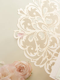 Luxury Blush Opulence Laser Cut Lace Pocketfold Wedding Invitation Suite with 3 Tier:  Guest Info & Travel & RSVP Card