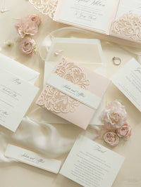 Luxury Blush Opulence Laser Cut Lace Pocketfold Wedding Invitation Suite with 3 Tier:  Guest Info & Travel & RSVP Card