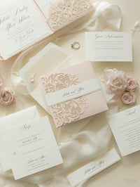 Luxury Blush Opulence Laser Cut Lace Pocketfold Wedding Invitation Suite with 3 Tier:  Guest Info & Travel & RSVP Card