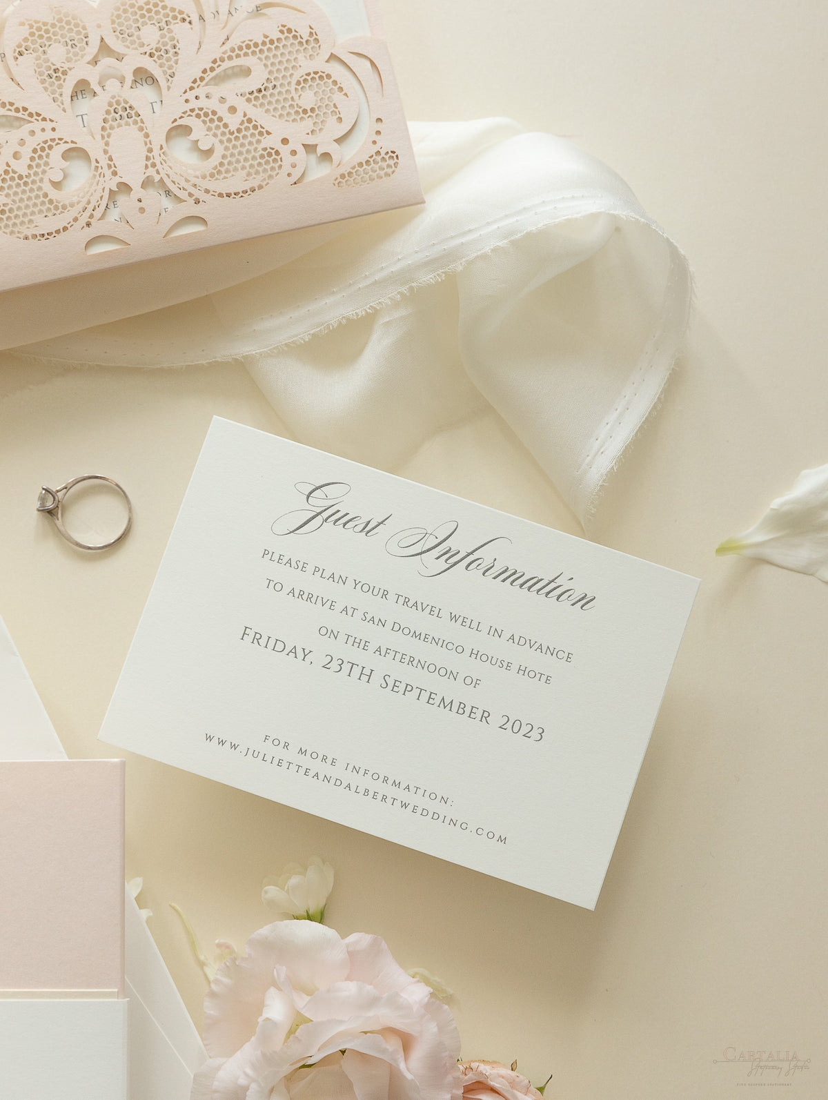 Luxury Blush Opulence Laser Cut Lace Pocketfold Wedding Invitation Suite with 3 Tier :  Guest Info & Travel & Rsvp Card