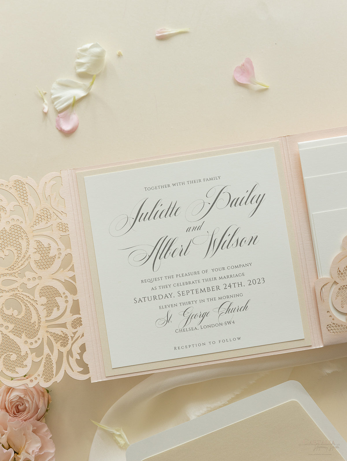 Luxury Blush Opulence Laser Cut Lace Pocketfold Wedding Invitation Suite with 3 Tier:  Guest Info & Travel & RSVP Card