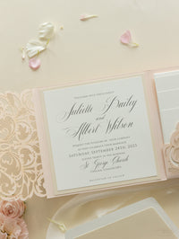 Luxury Blush Opulence Laser Cut Lace Pocketfold Wedding Invitation Suite with 3 Tier:  Guest Info & Travel & RSVP Card