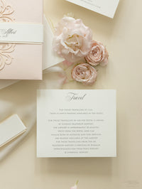 Luxury Blush Opulence Laser Cut Lace Pocketfold Wedding Invitation Suite with 3 Tier:  Guest Info & Travel & RSVP Card